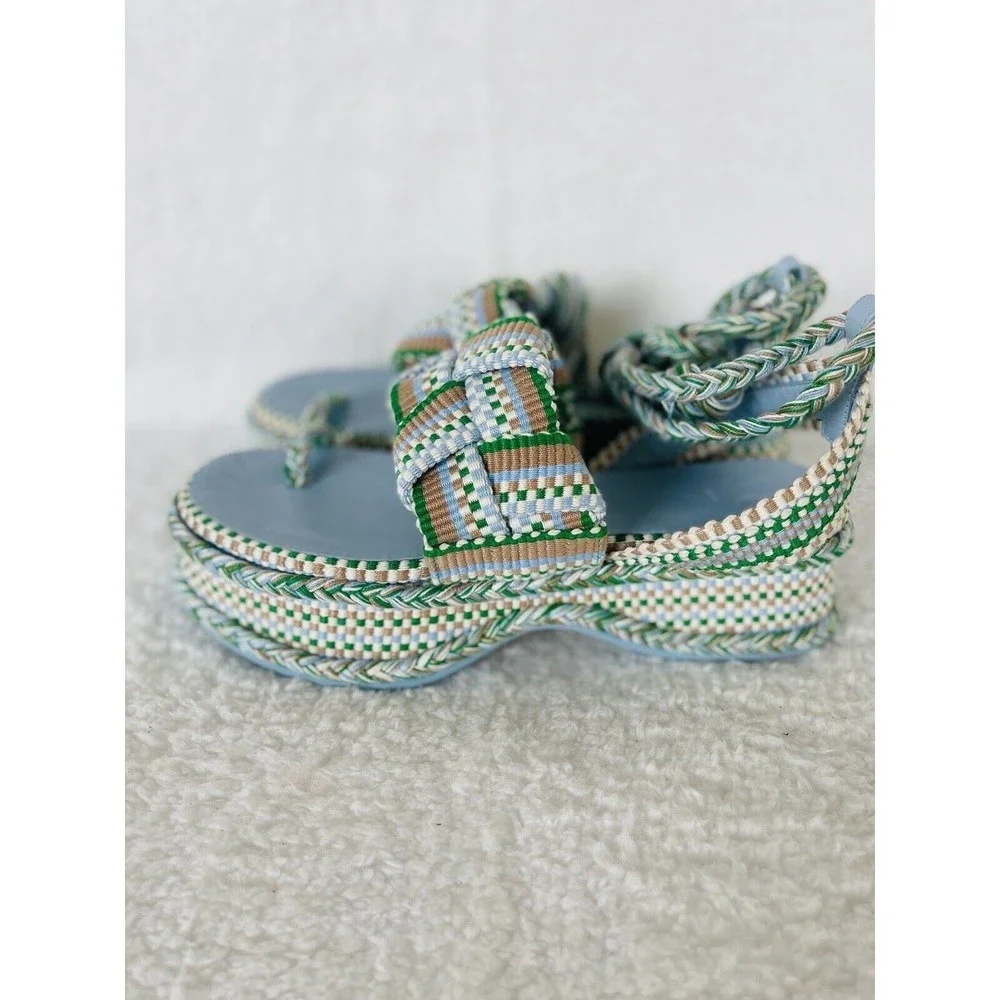 Anthropologie Amambaih Women Manuela Green Blue Strappy Wedge Sandals Sz 36/5 US